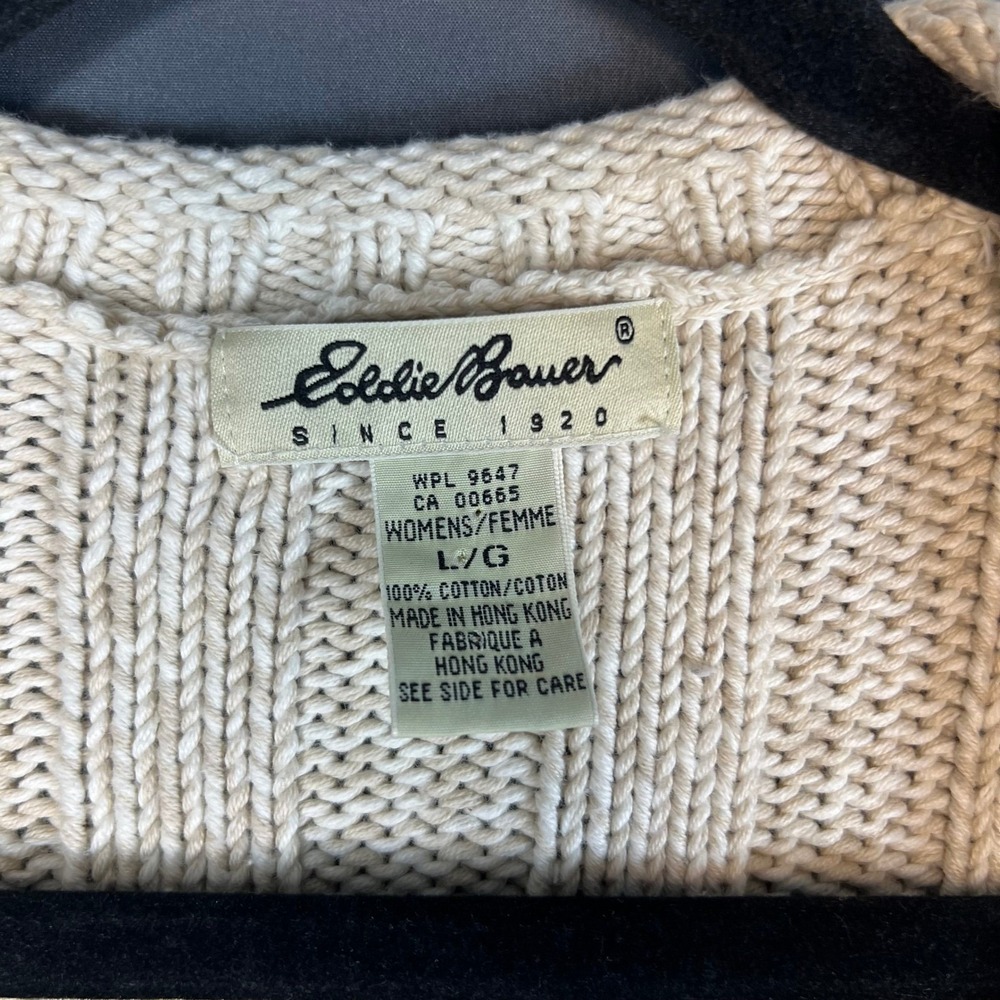 Eddie Bauer Cable Knit Sweater Vest Large Cream Cotton Button Front Grandpa Core - Picture 3 of 7
